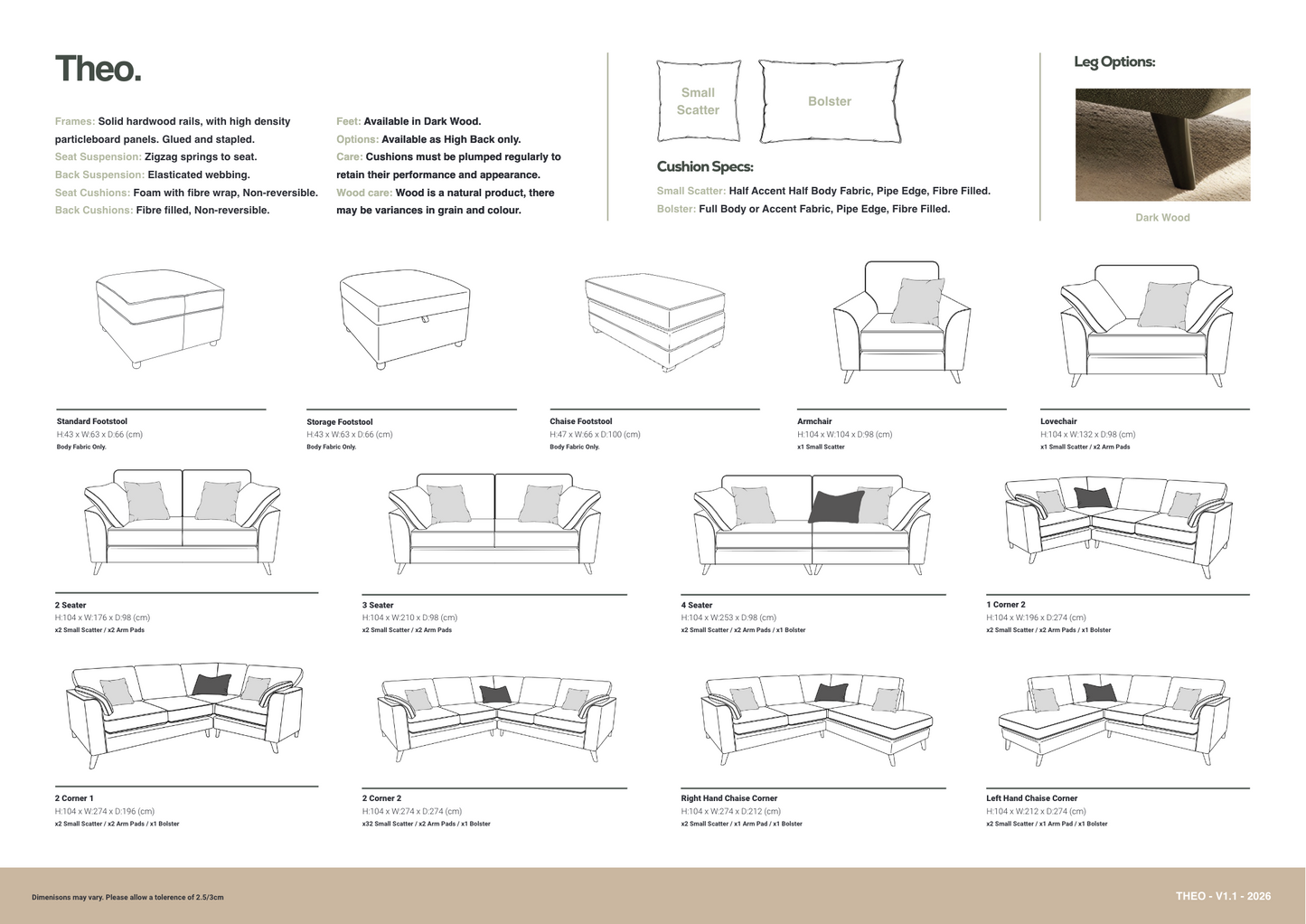 A product specification and line drawing sheet for 'Theo' armchairs from the THQ3 collection, showing various chair models, cushion options, and leg options with black-and-white line drawings and text descriptions on a white background with a beige footer.