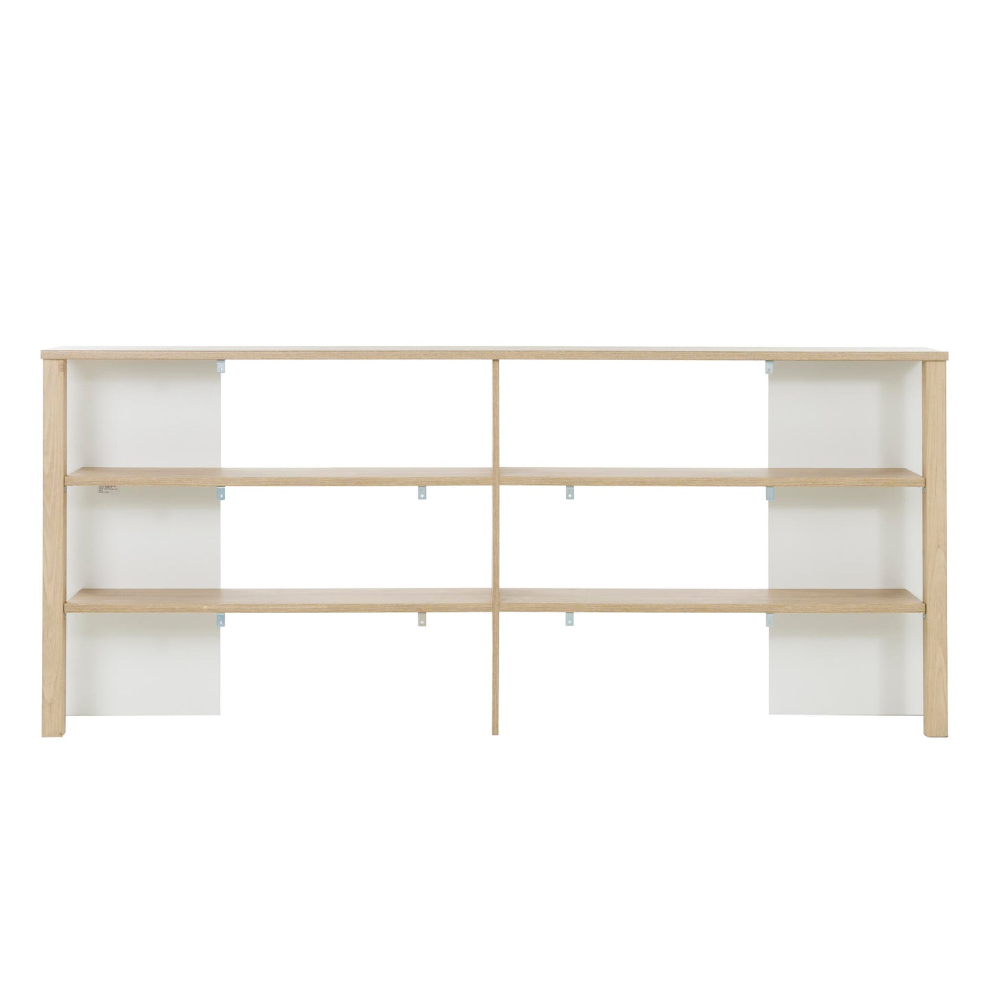 Wooden shelving unit with white panels on a white background
