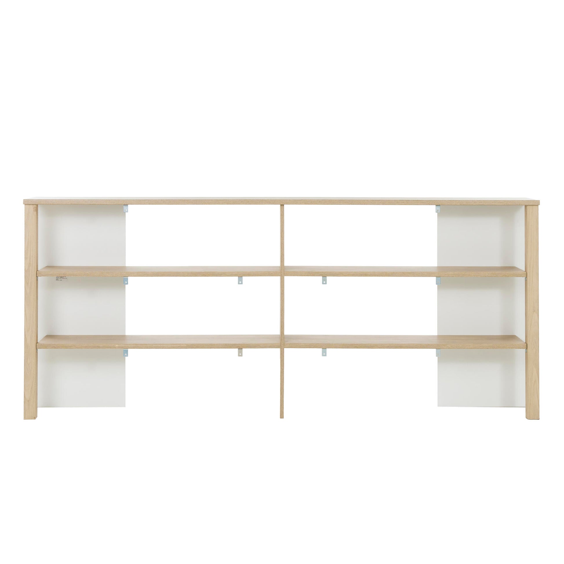 Wooden shelving unit with white panels on a white background