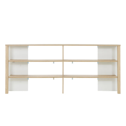 Wooden shelving unit with white panels on a white background
