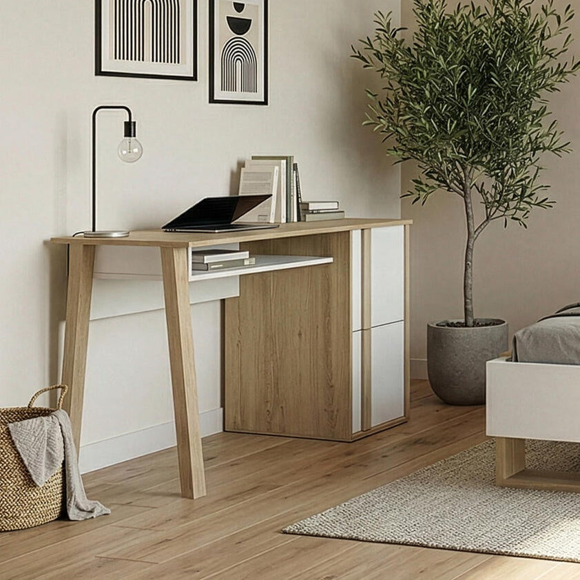Modern bedroom with wooden bed, desk, and decor elements.