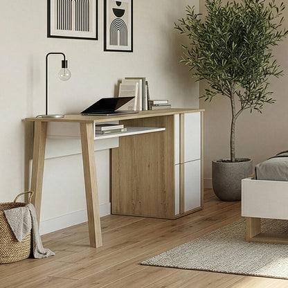 Modern bedroom with wooden bed, desk, and decor elements.