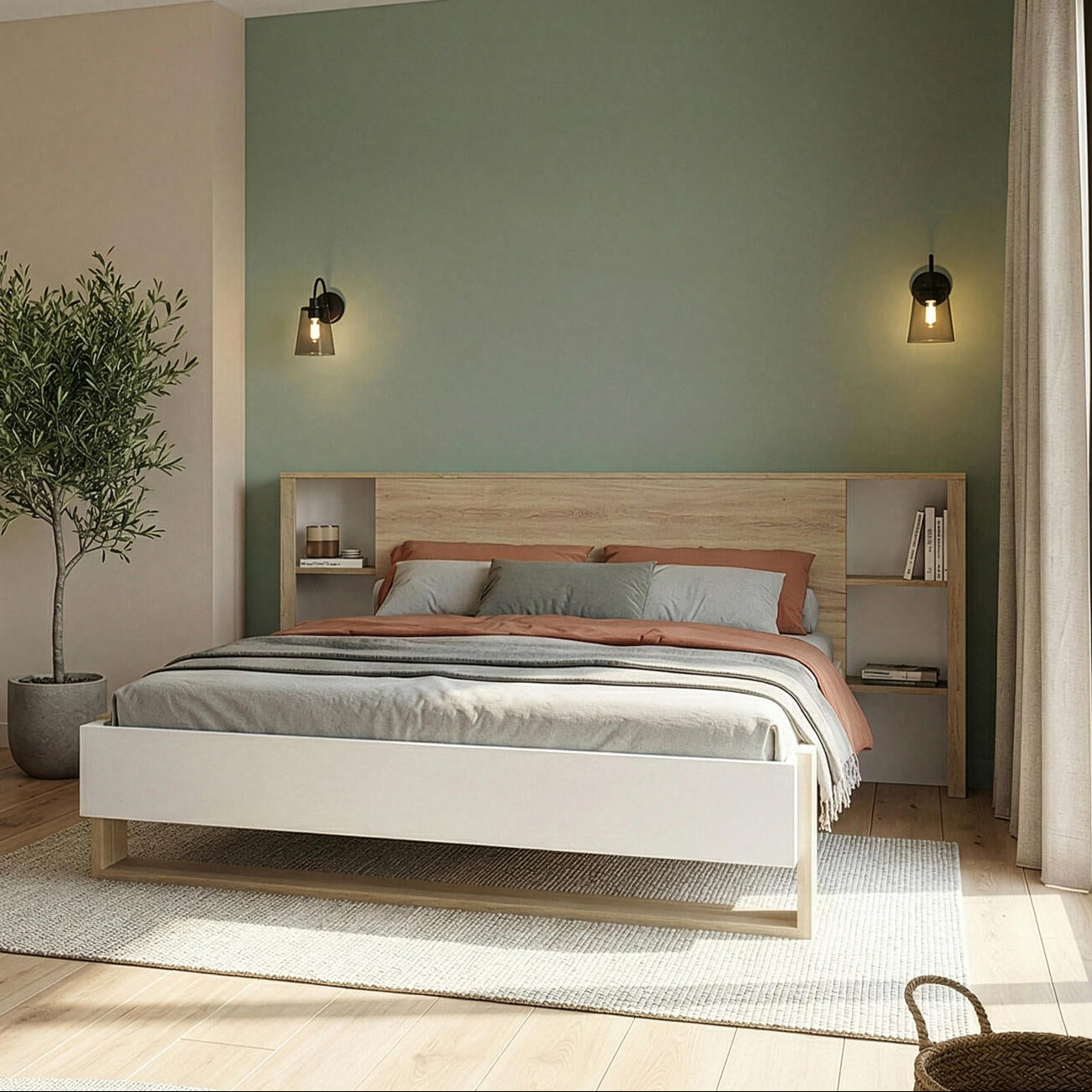 Modern bedroom with wooden bed, desk, and decor elements.