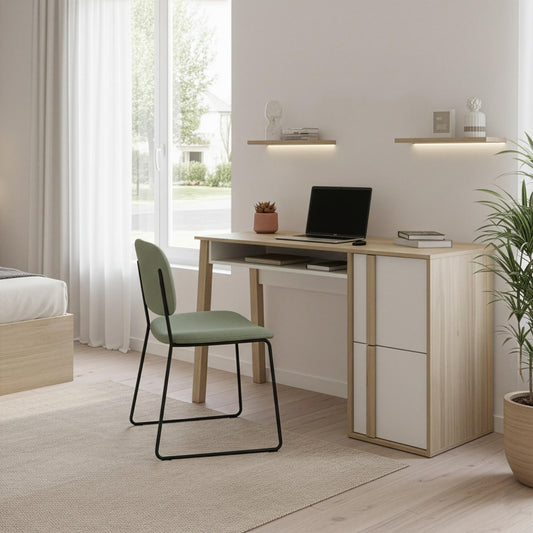 Modern bedroom with a desk, chair, and laptop near a window.