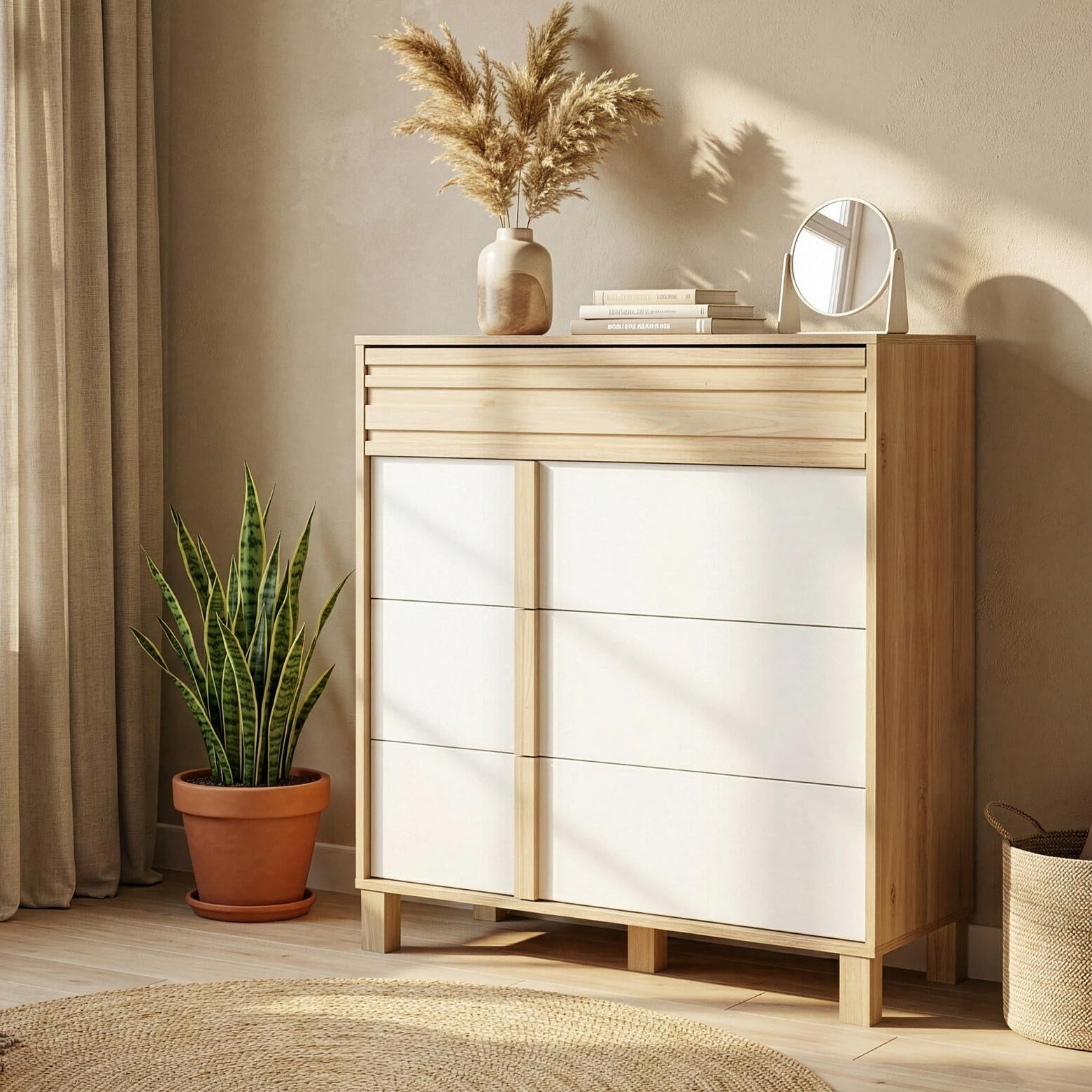 Wooden dresser with white drawers in a room with a window, plant, and rug.