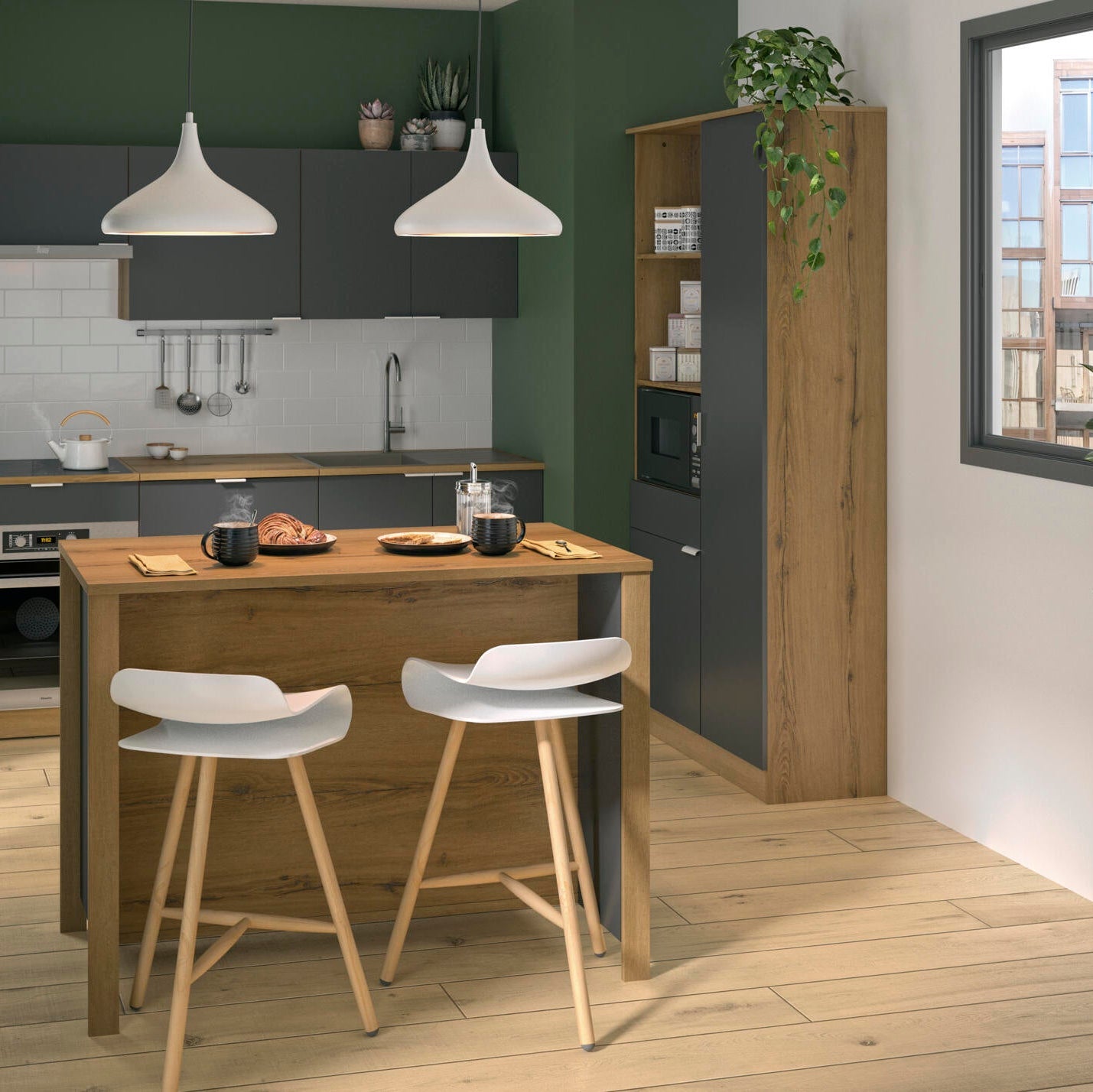 A modern kitchen island with a light wood top and base, paired with two white bar stools with light wood legs. The background shows a contemporary kitchen with dark gray cabinets, a white subway tile backsplash, and a tall wooden storage cabinet.