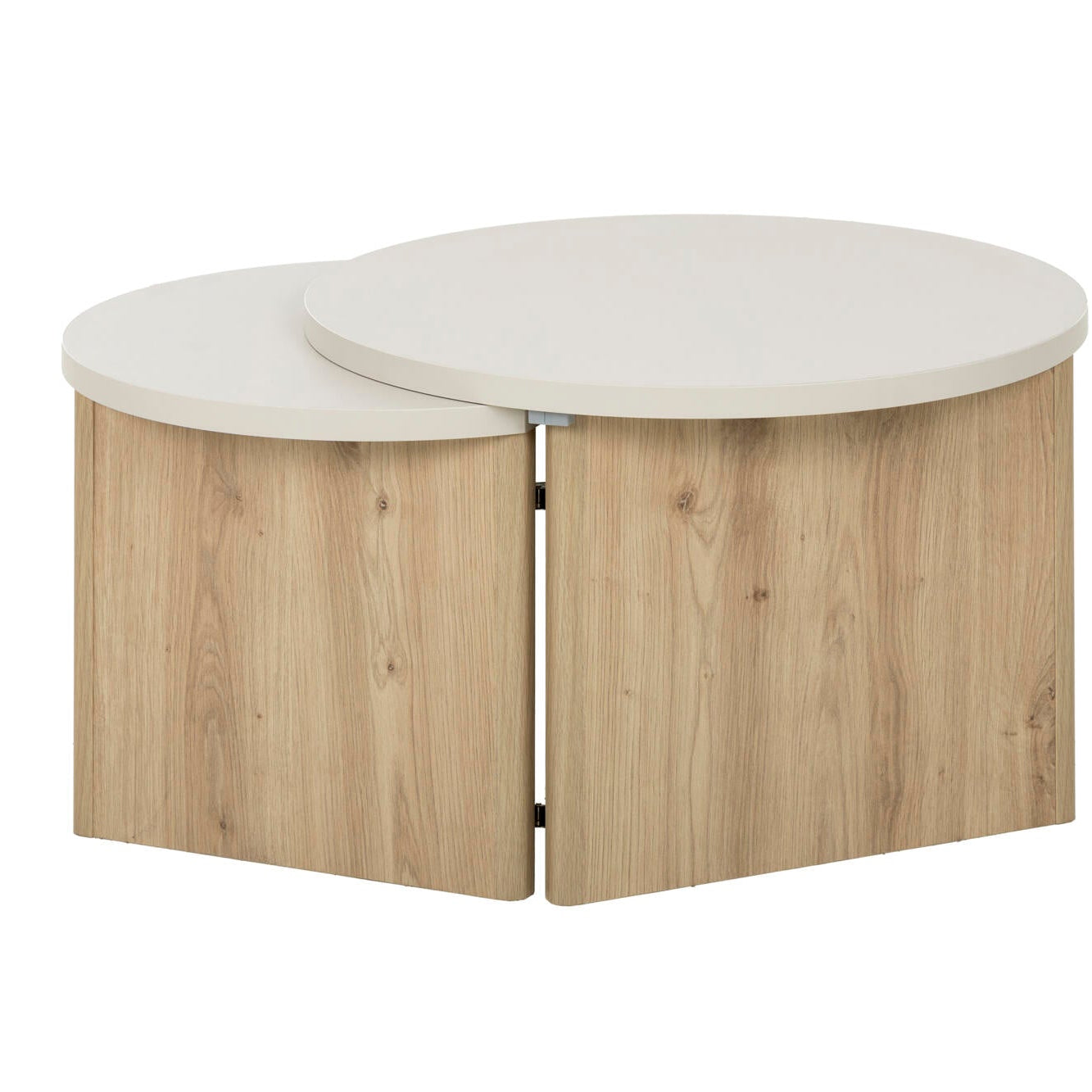 Two interlocking tables with white top and wooden base on a white background