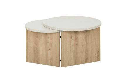 Two interlocking tables with white top and wooden base on a white background