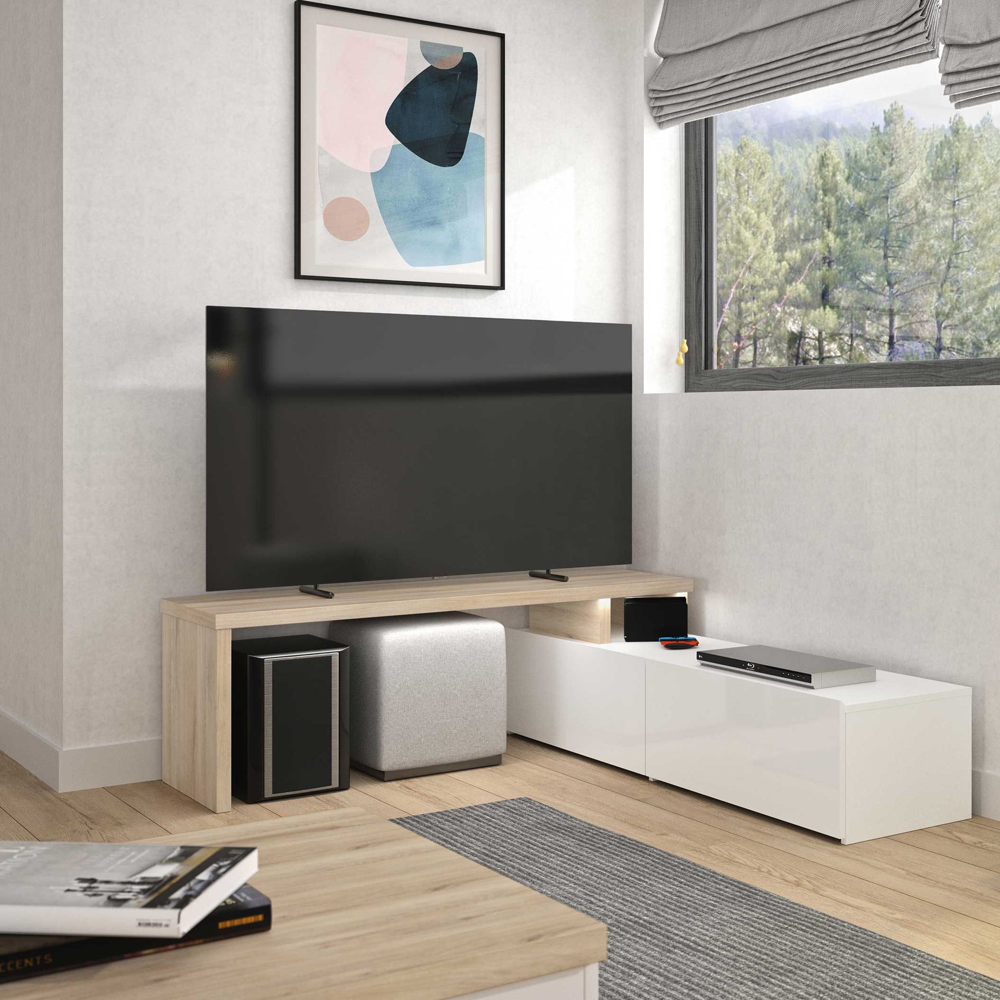 Modern living room with a TV stand, television, and decorative elements.