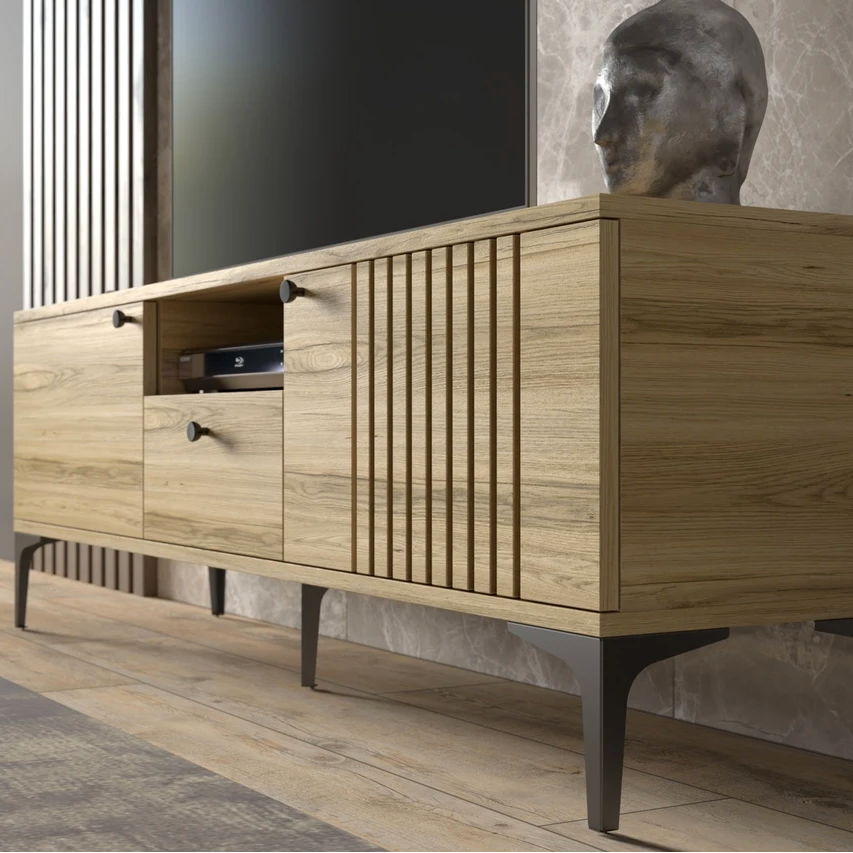 Wooden TV stand with black legs in a room setting