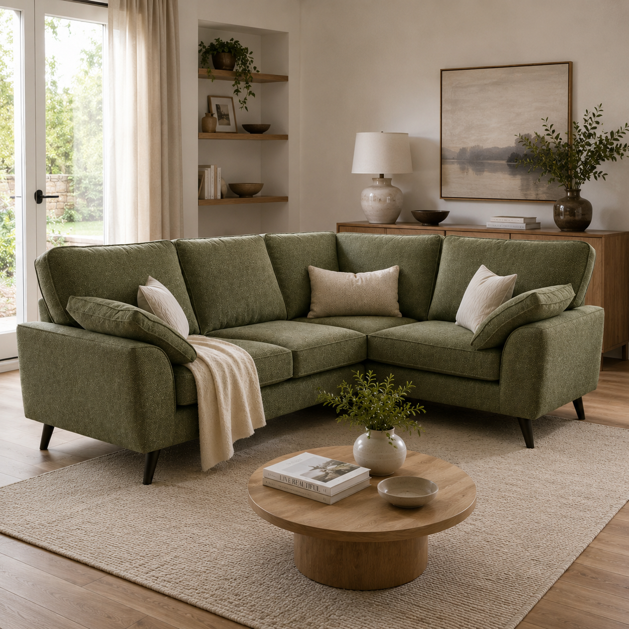 An L-shaped sectional sofa upholstered in sage green fabric, styled in a bright, modern living room with neutral-toned pillows, a cream throw blanket, a round wooden coffee table, and a beige rug.