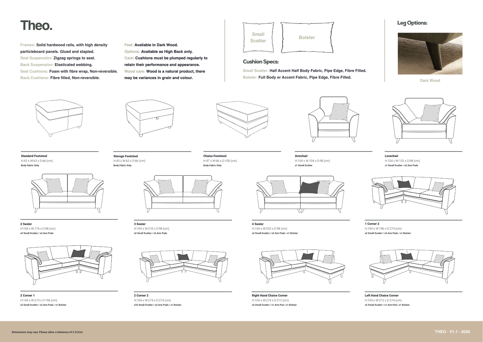 A product specification and line drawing sheet for 'Theo' armchairs from the THQ3 collection, showing various chair models, cushion options, and leg options with black-and-white line drawings and text descriptions on a white background with a beige footer.